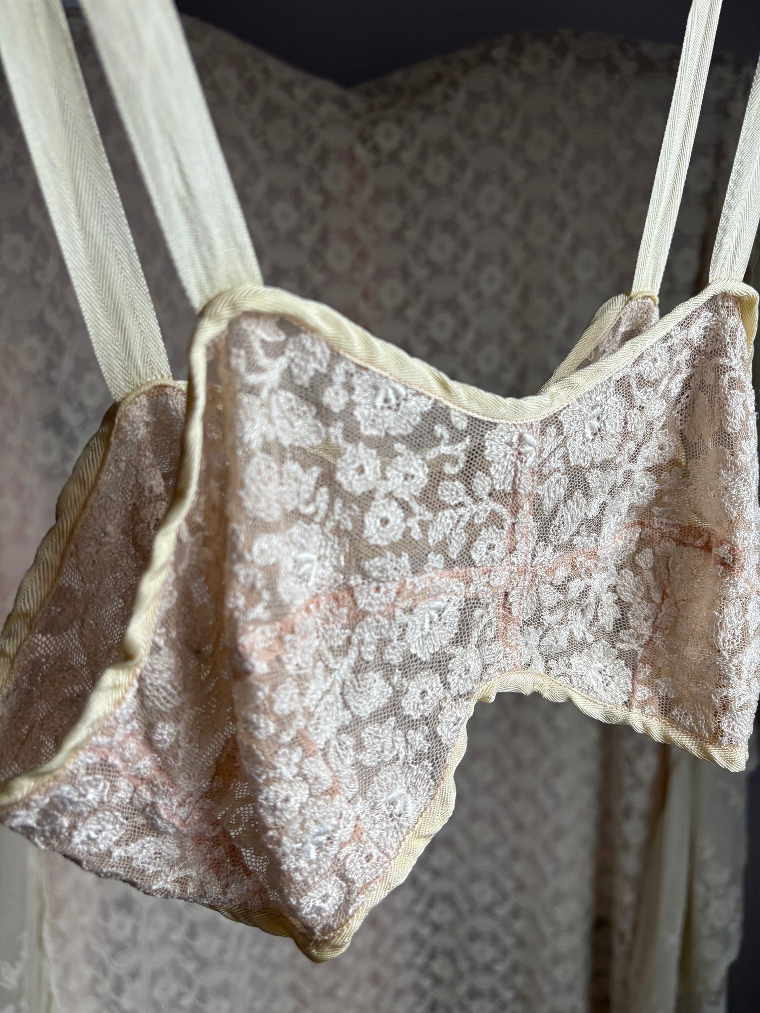 1930s Cream Mesh Floral Tambour Lace Bra Bralette Ribbon