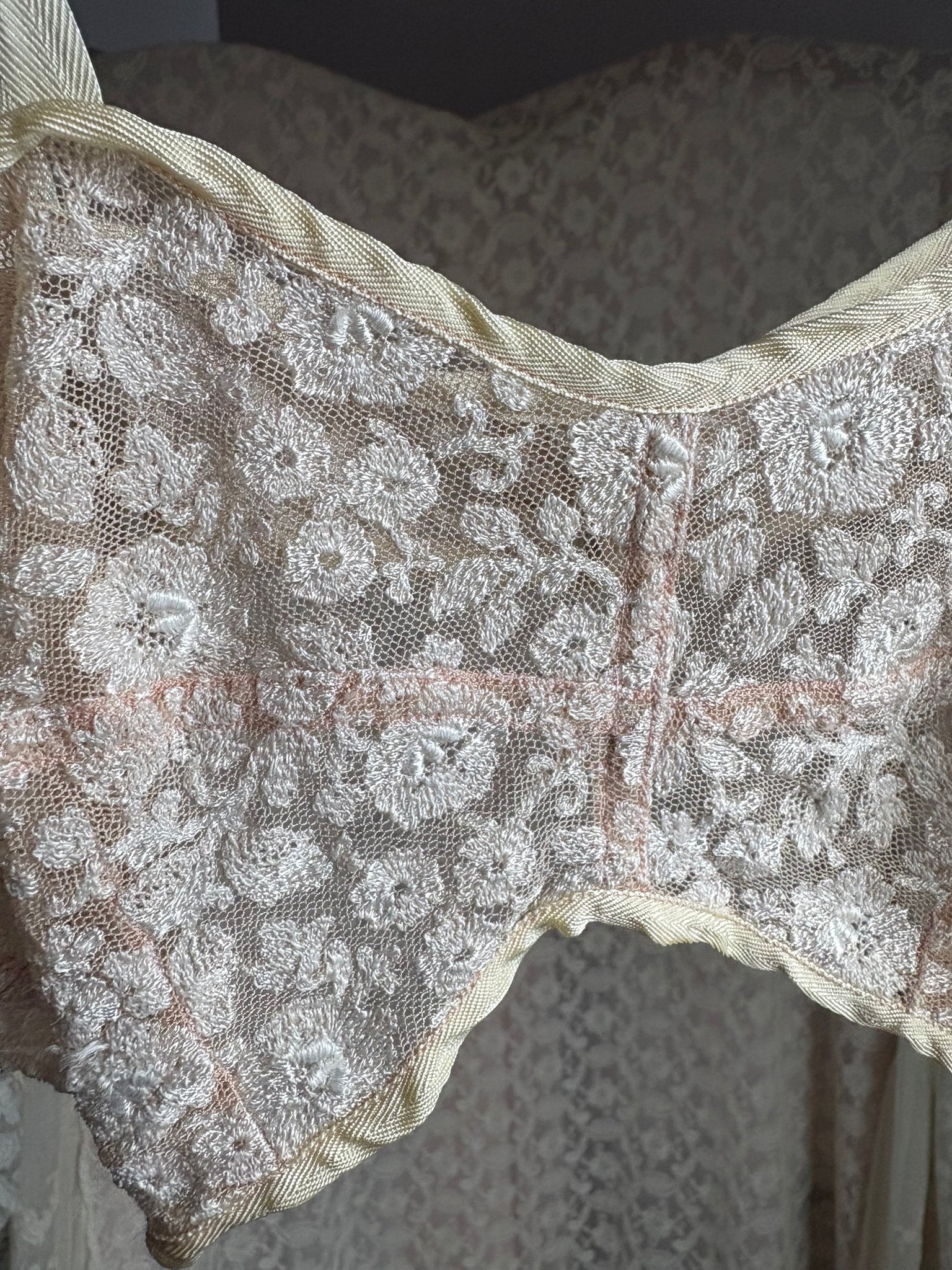 1930s Cream Mesh Floral Tambour Lace Bra Bralette Ribbon