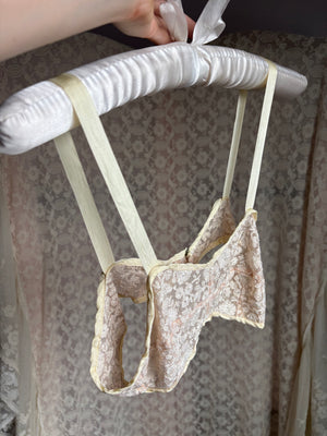 1930s Cream Mesh Floral Tambour Lace Bra Bralette Ribbon