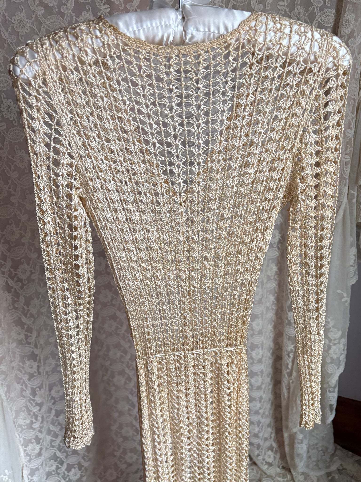 1960s Cream Crochet Open Dress Long Sleeve