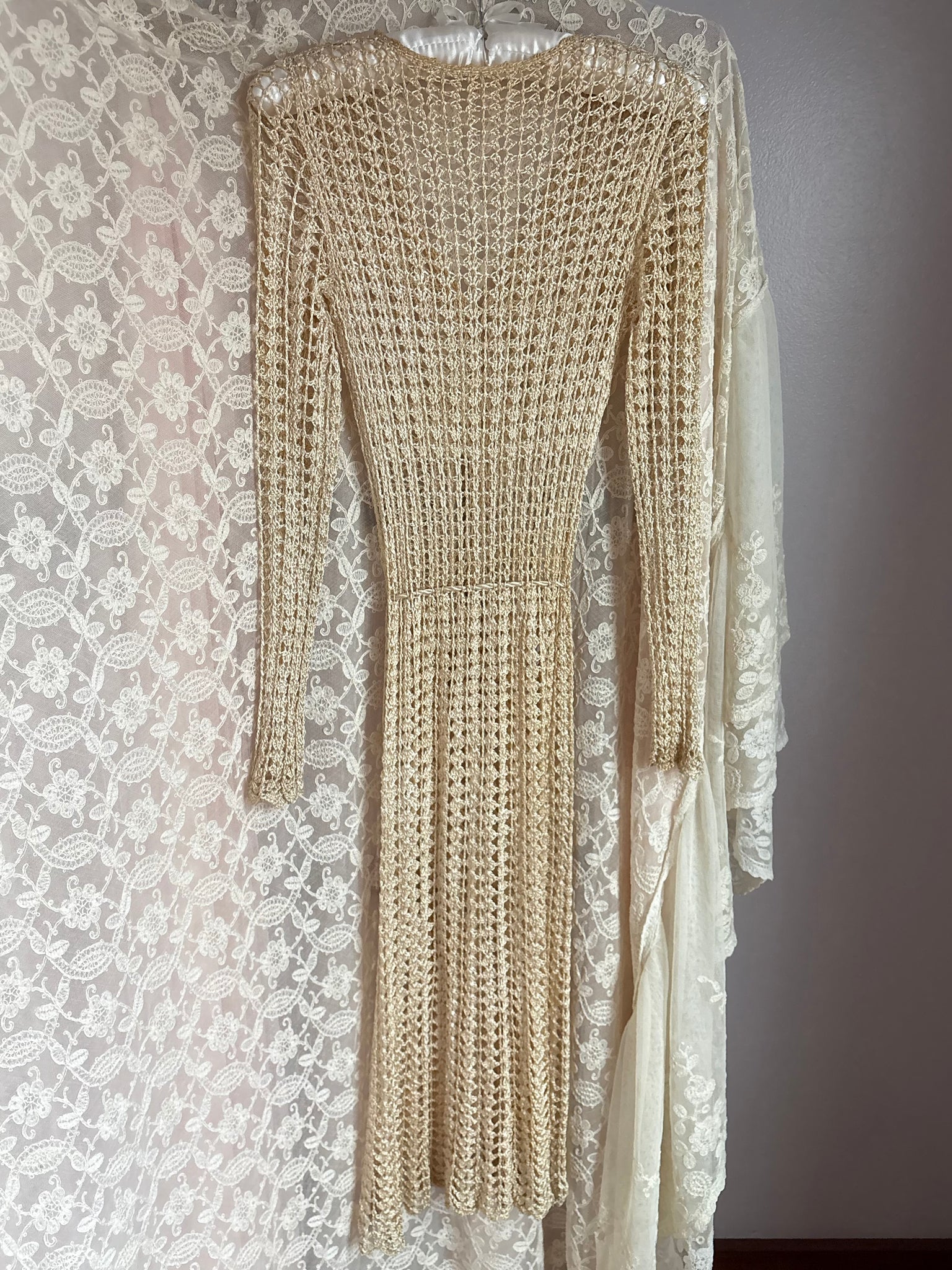 1960s Cream Crochet Open Dress Long Sleeve