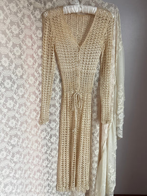 1960s Cream Crochet Open Dress Long Sleeve