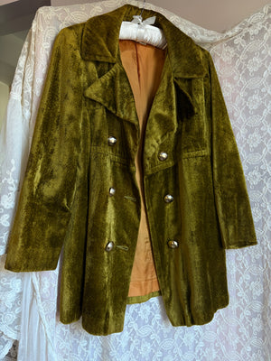 1970s Green Velvet Coat Double Breasted Gold Buttons