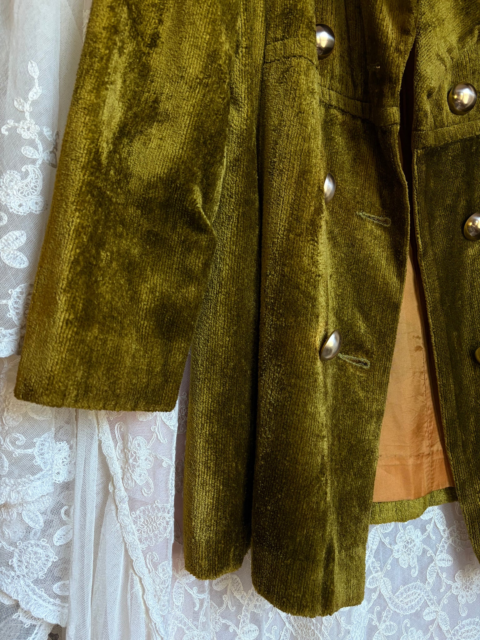 1970s Green Velvet Coat Double Breasted Gold Buttons