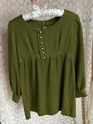 1970s Green Long Sleeve Gold Button Mini Dress