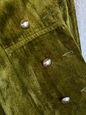 1970s Green Velvet Coat Double Breasted Gold Buttons