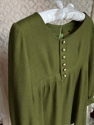 1970s Green Long Sleeve Gold Button Mini Dress