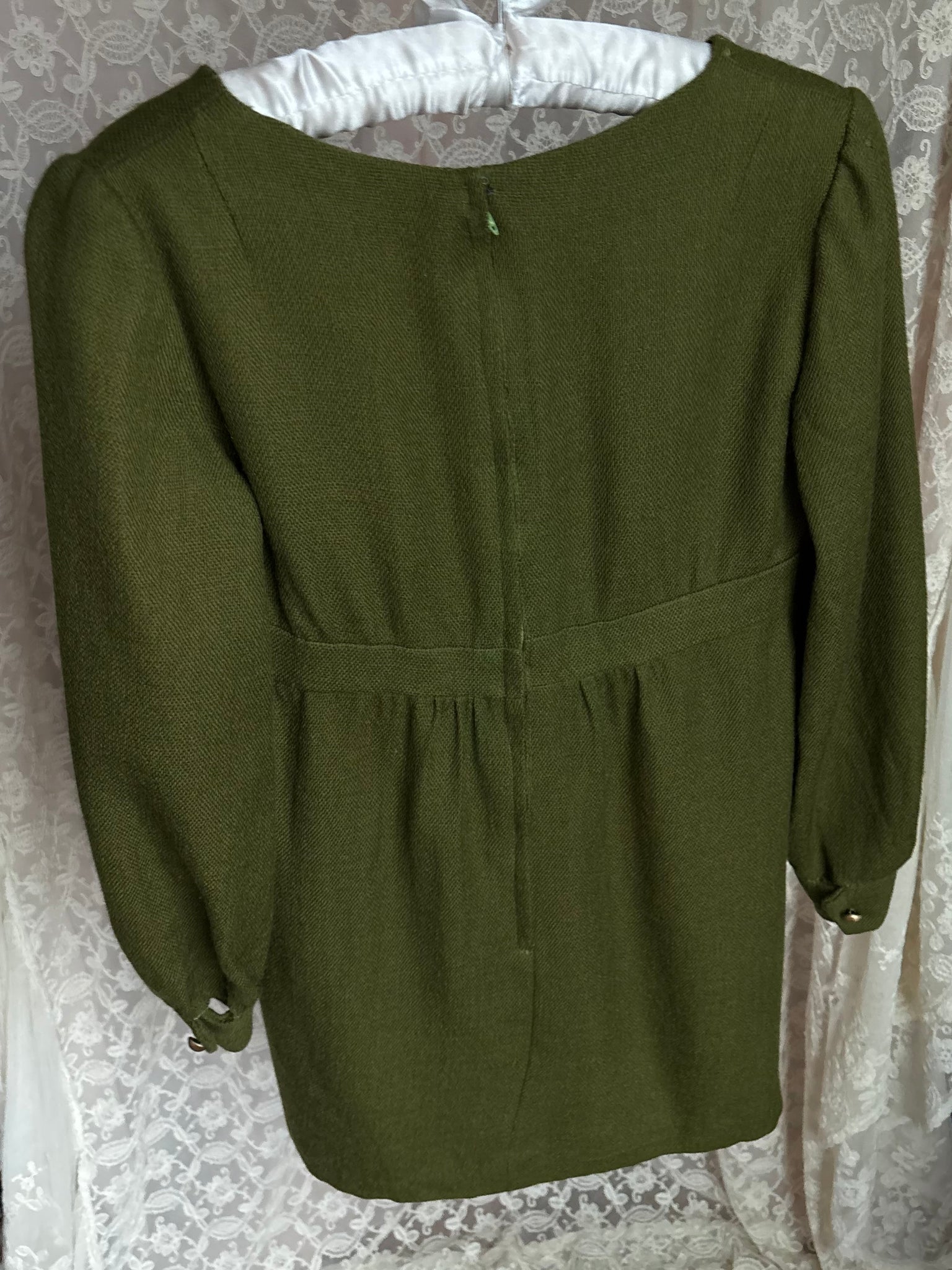 1970s Green Long Sleeve Gold Button Mini Dress