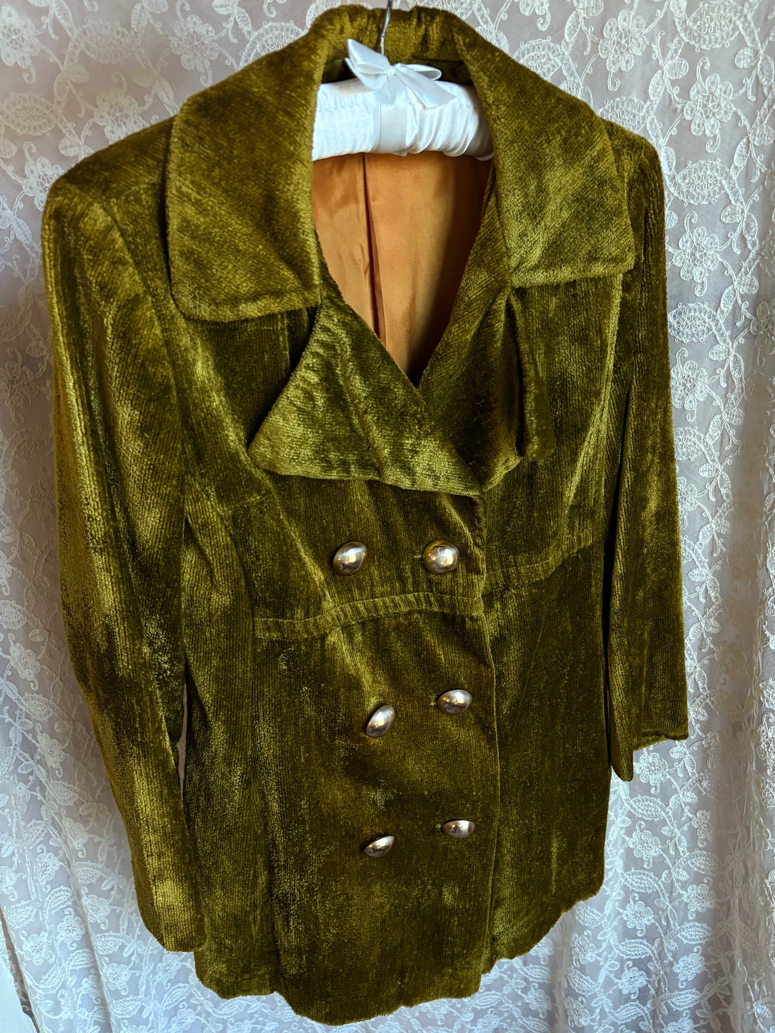 1970s Green Velvet Coat Double Breasted Gold Buttons