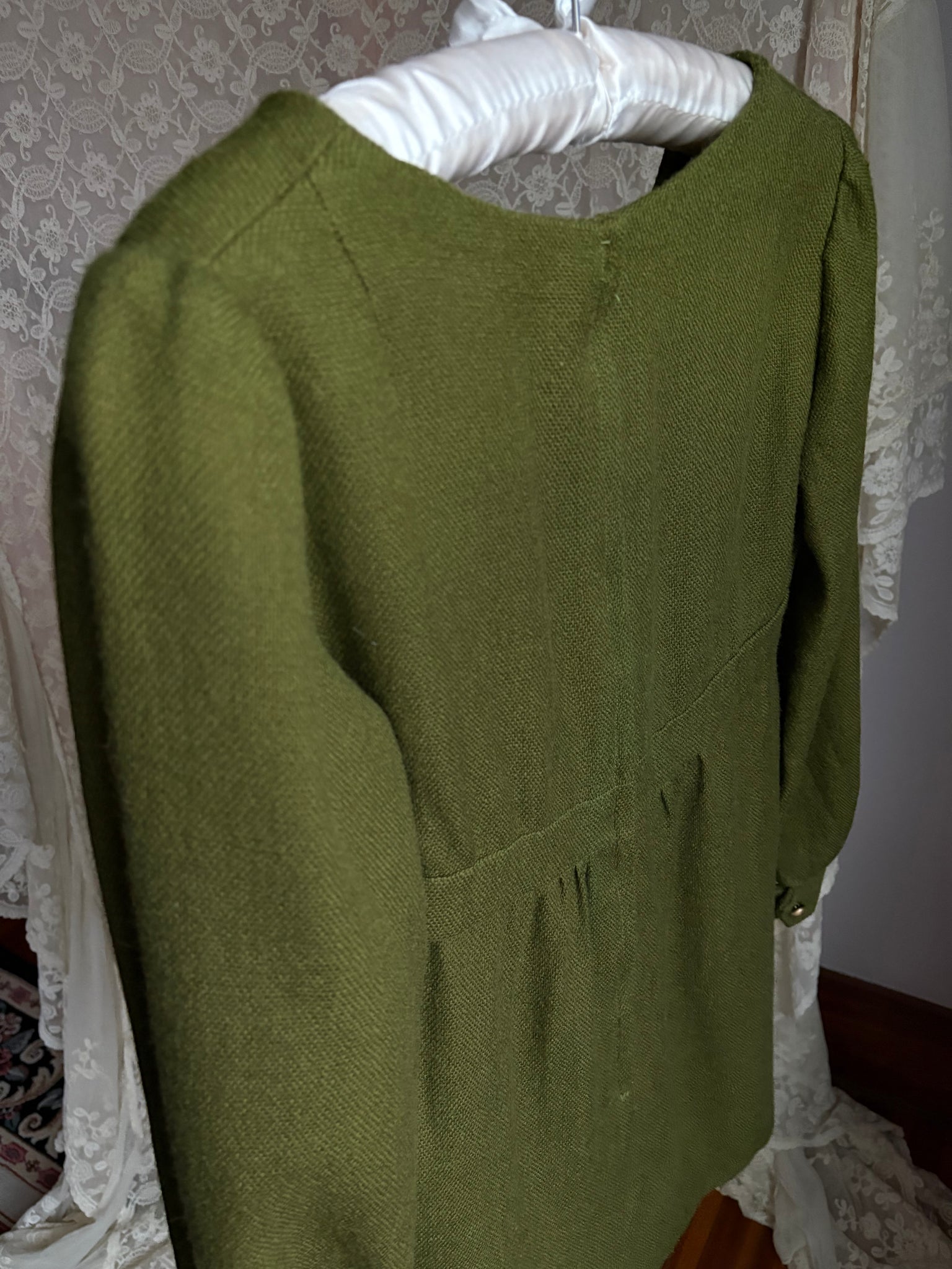 1970s Green Long Sleeve Gold Button Mini Dress