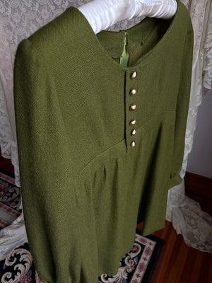 1970s Green Long Sleeve Gold Button Mini Dress