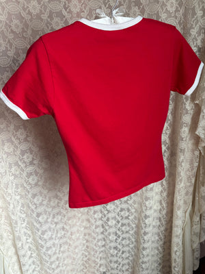 1990s Kölle Girl Flocked Print White Red Ringer Tee T Shirt