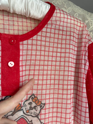 1980s Kittens Heart Plaid Print White Red Dotted Tee Kitty T Shirt