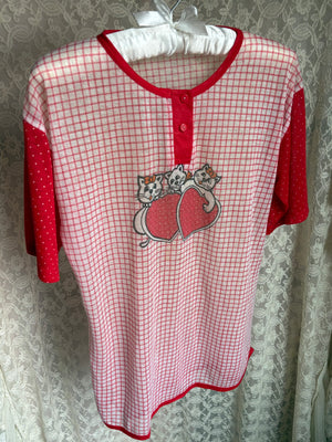 1980s Kittens Heart Plaid Print White Red Dotted Tee Kitty T Shirt