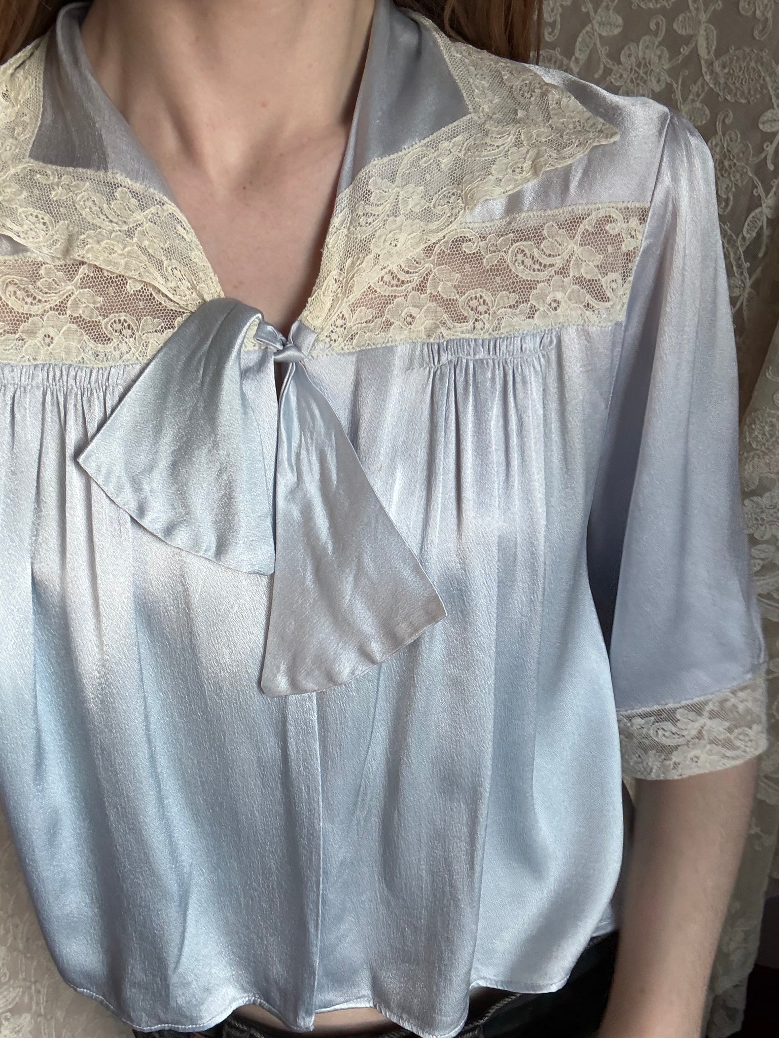 1940s Baby Blue Rayon Satin Bed Jacket Lace Trim Collar