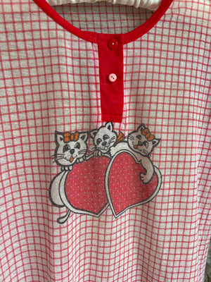 1980s Kittens Heart Plaid Print White Red Dotted Tee Kitty T Shirt