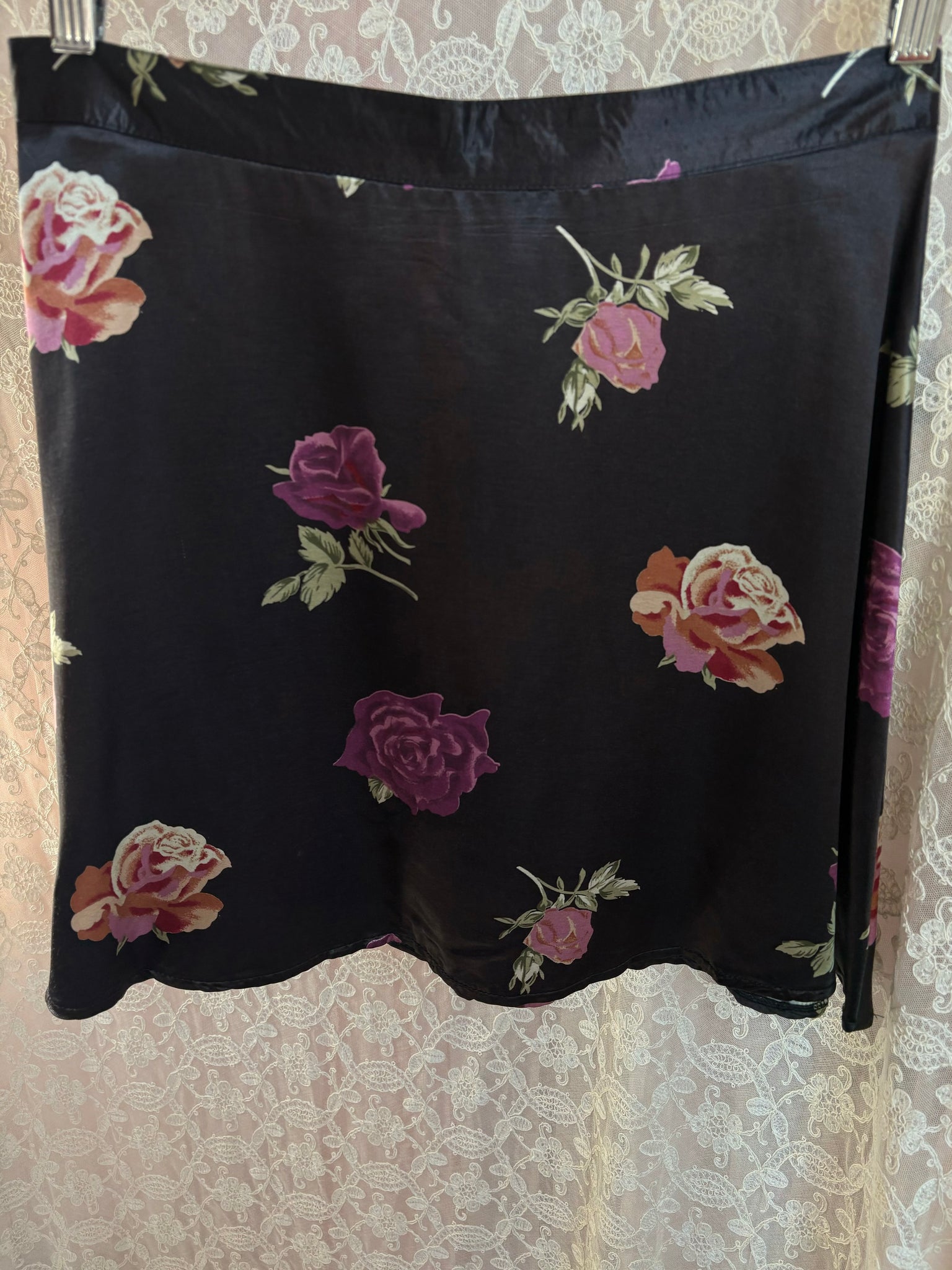 1990s Black Satin Purple Rose Floral Print Mini Skirt