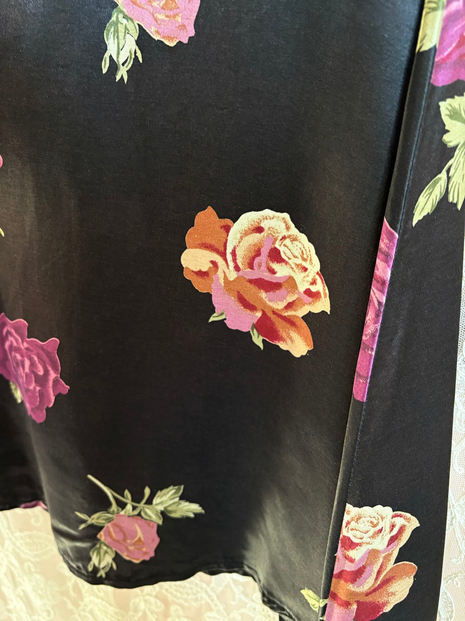 1990s Black Satin Purple Rose Floral Print Mini Skirt