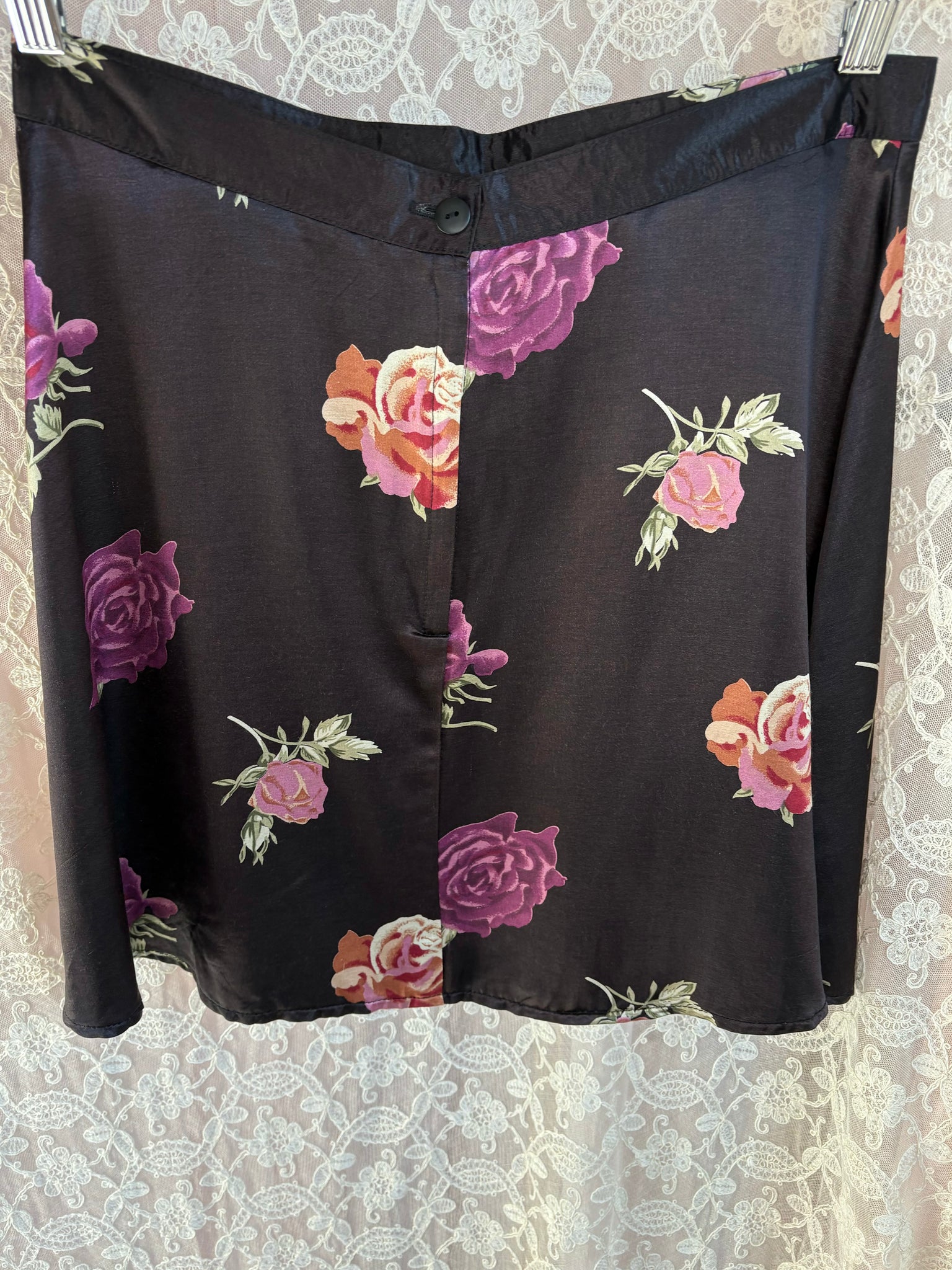 1990s Black Satin Purple Rose Floral Print Mini Skirt