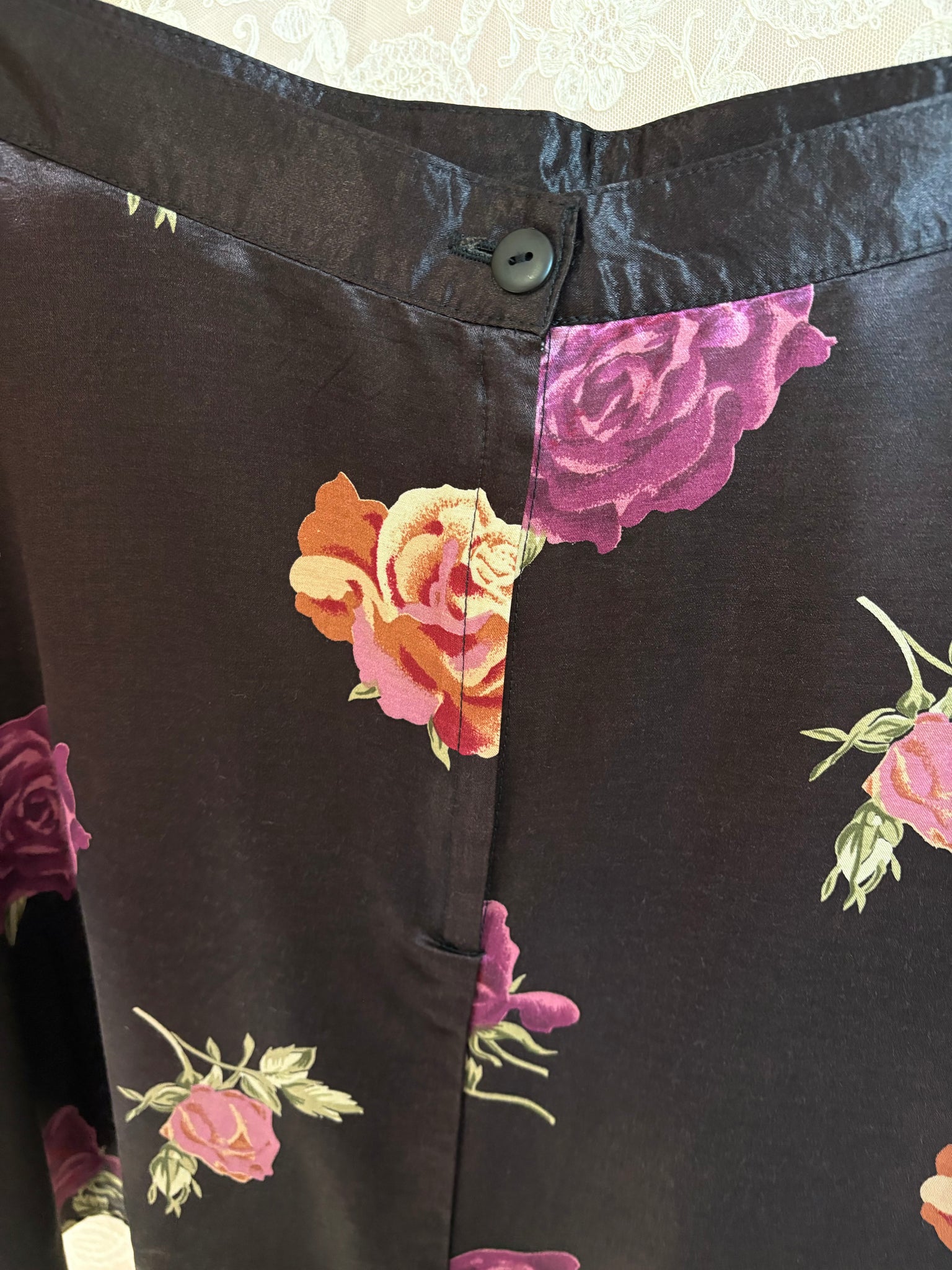 1990s Black Satin Purple Rose Floral Print Mini Skirt