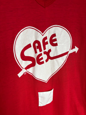 1980s Safe Sex Condom Pocket Heart Print Red White Tee Sleep T Shirt