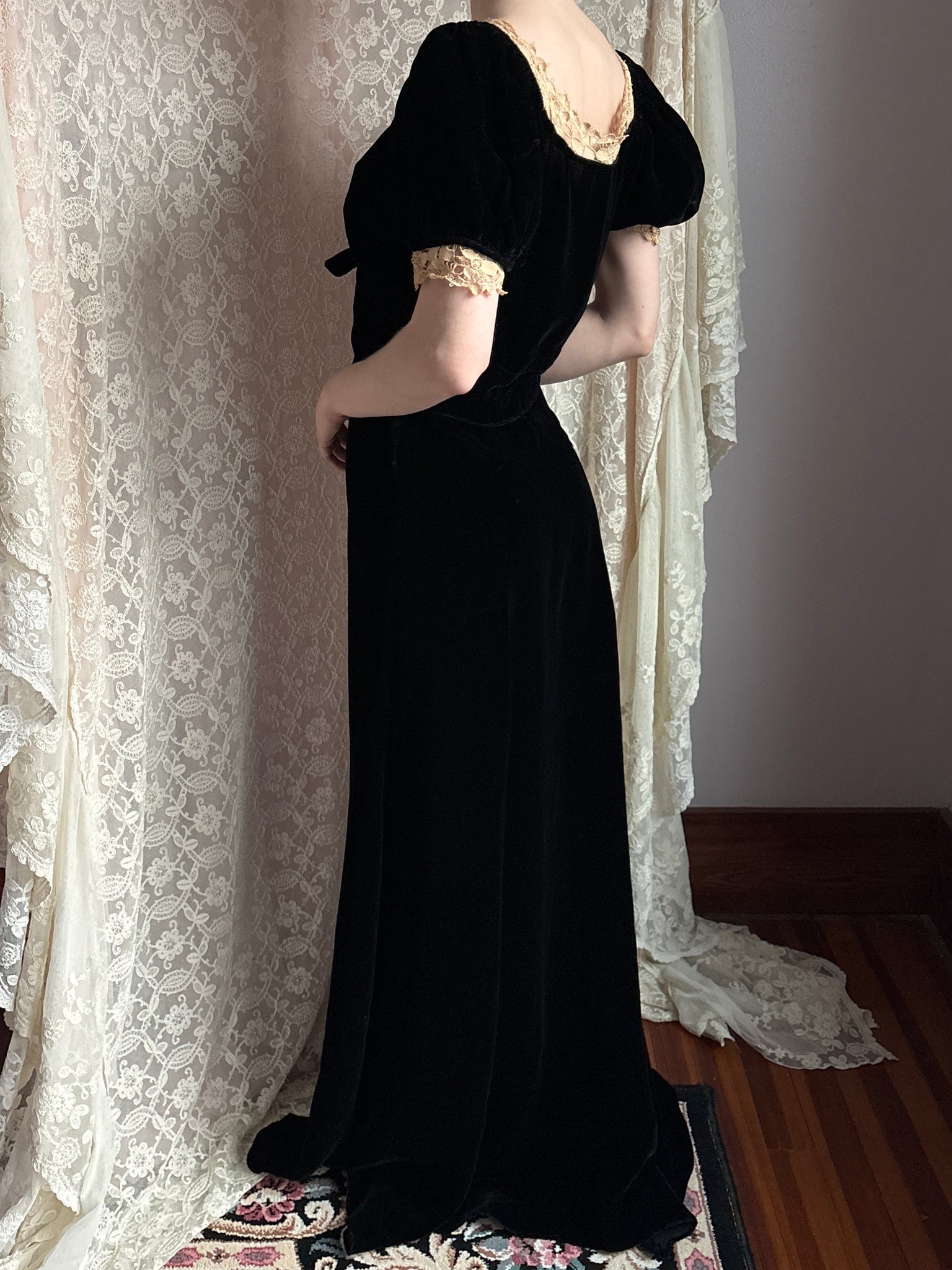 1940s Black Velvet Dress Cream Crochet Bow