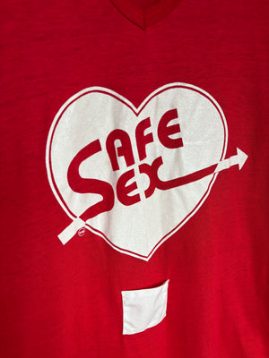 1980s Safe Sex Condom Pocket Heart Print Red White Tee Sleep T Shirt