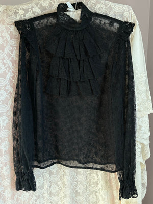 1970s Tambour Lace Black Sheer Blouse Ruffle Deadstock