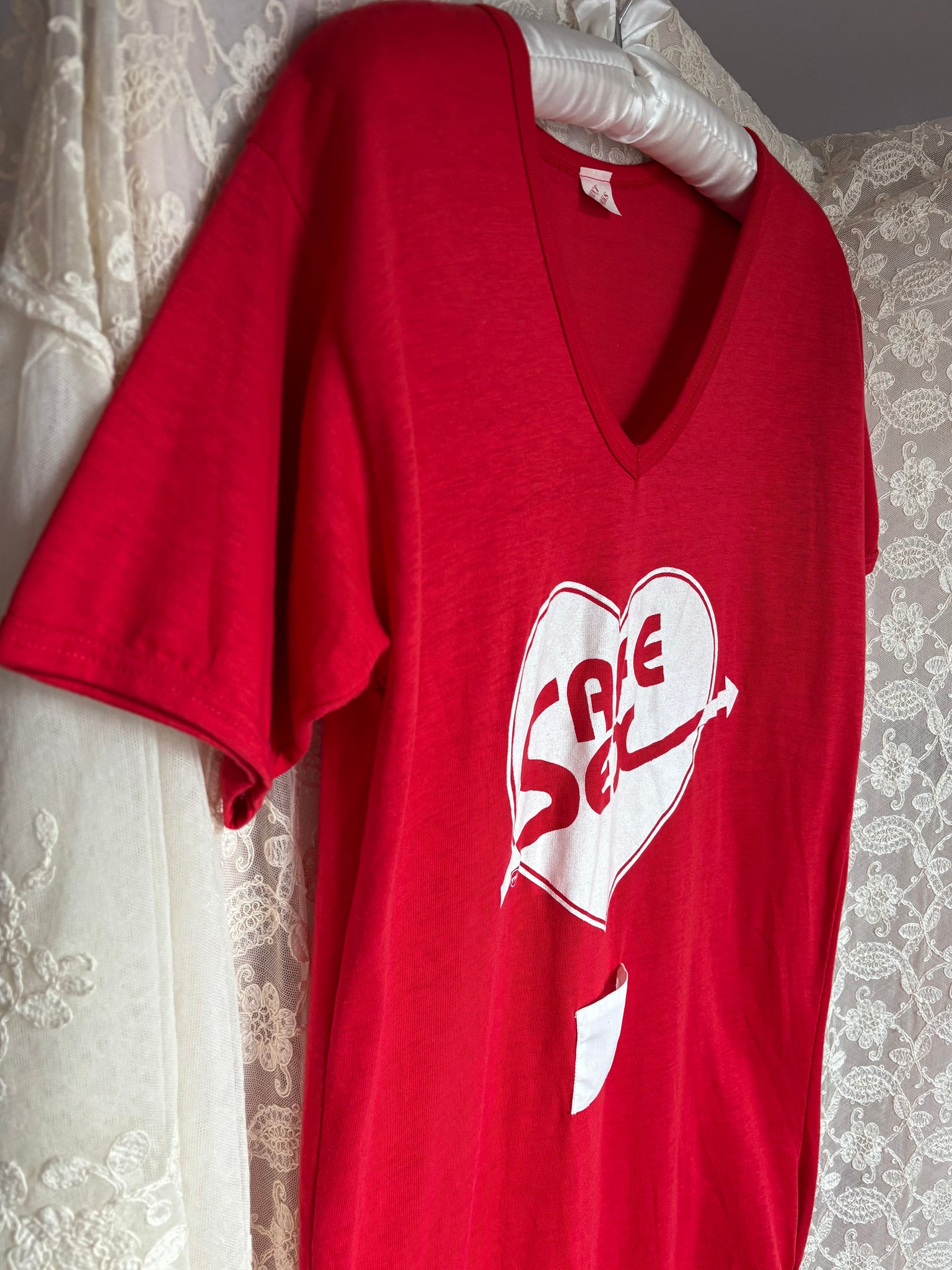 1980s Safe Sex Condom Pocket Heart Print Red White Tee Sleep T Shirt