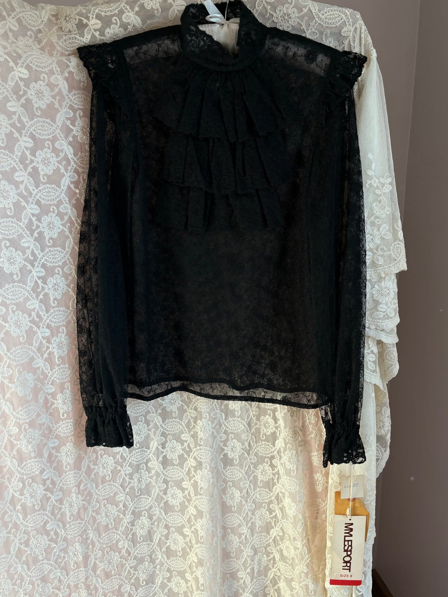 1970s Tambour Lace Black Sheer Blouse Ruffle Deadstock