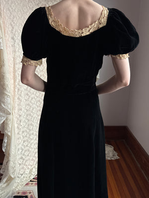 1940s Black Velvet Dress Cream Crochet Bow