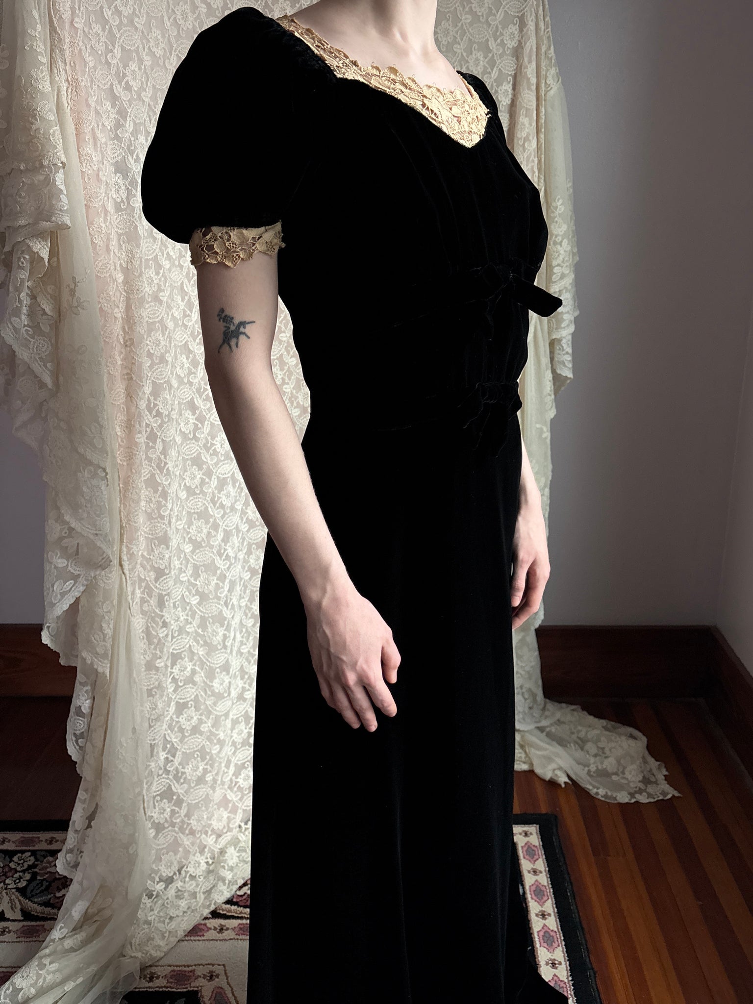 1940s Black Velvet Dress Cream Crochet Bow