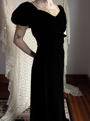 1940s Black Velvet Dress Cream Crochet Bow