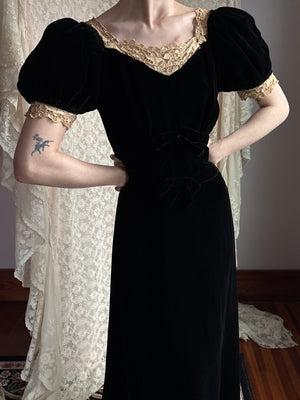 1940s Black Velvet Dress Cream Crochet Bow