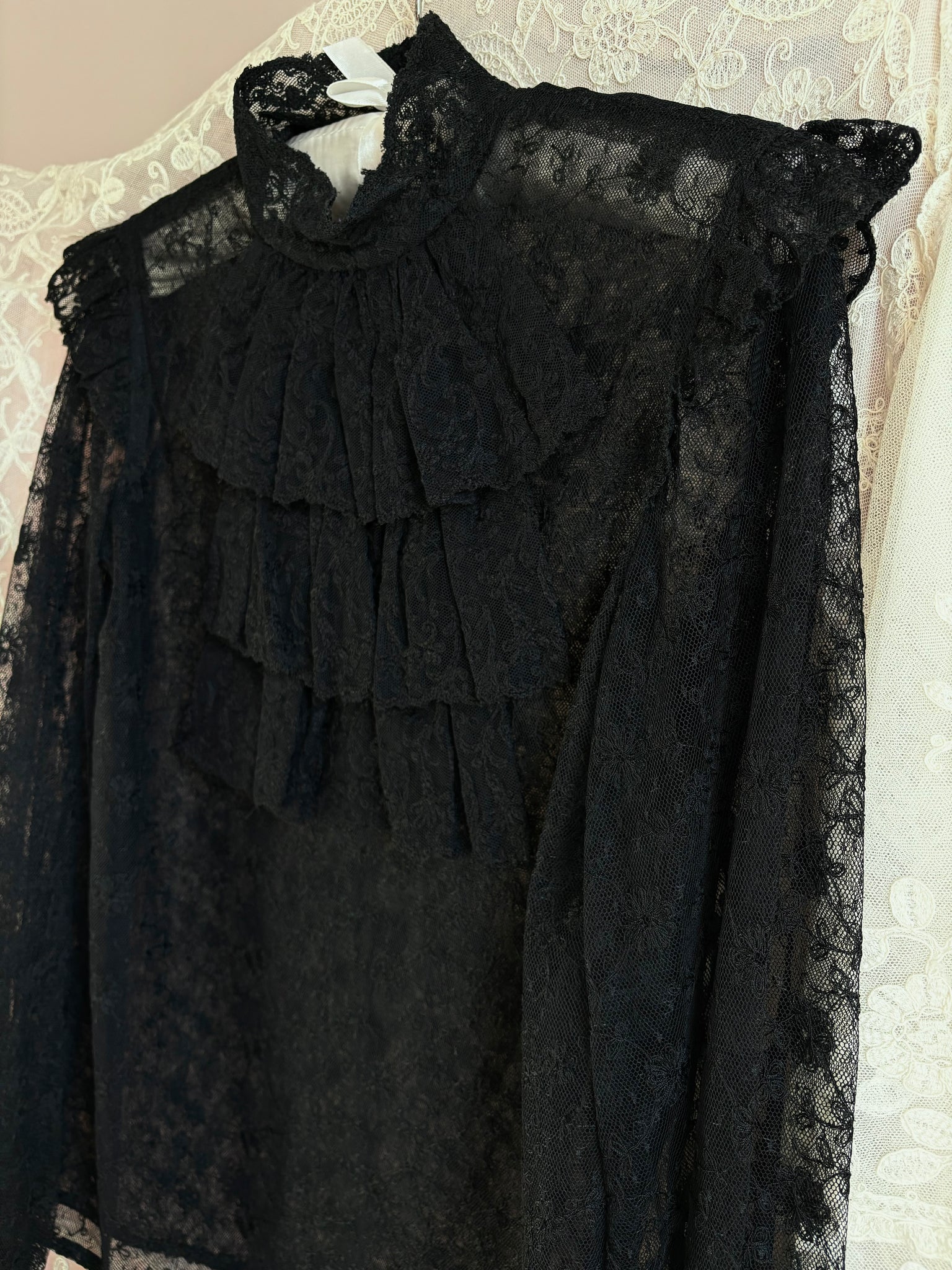 1970s Tambour Lace Black Sheer Blouse Ruffle Deadstock