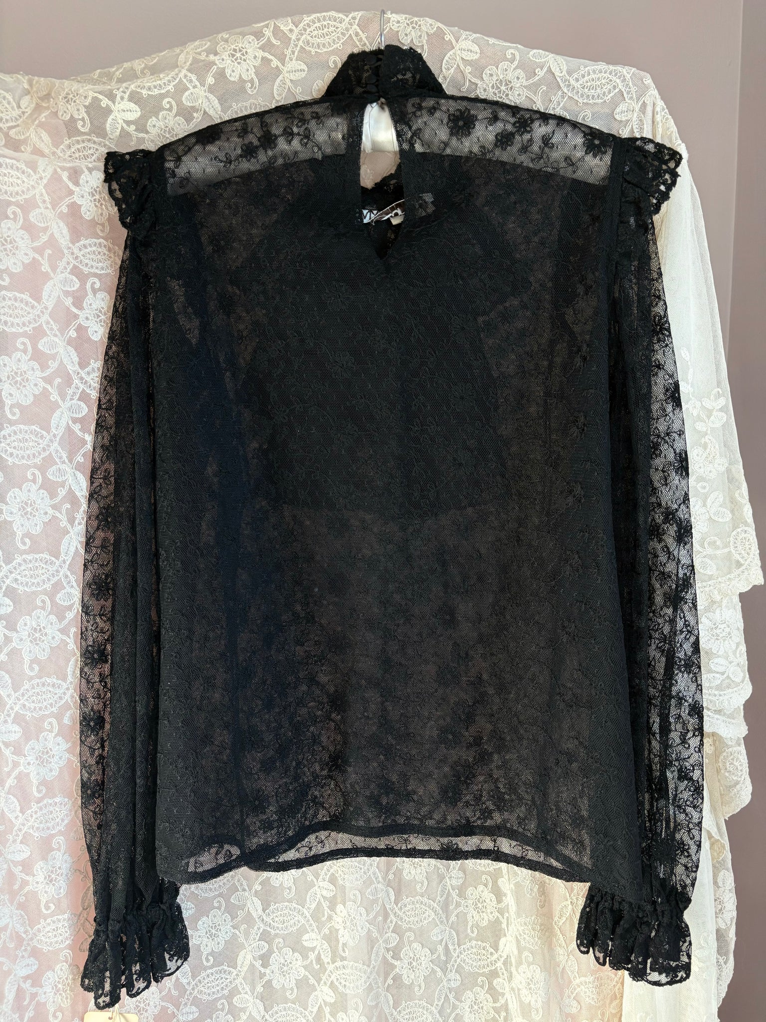 1970s Tambour Lace Black Sheer Blouse Ruffle Deadstock