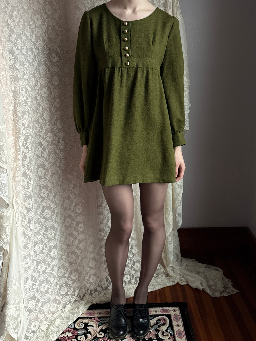 1970s Green Long Sleeve Gold Button Mini Dress