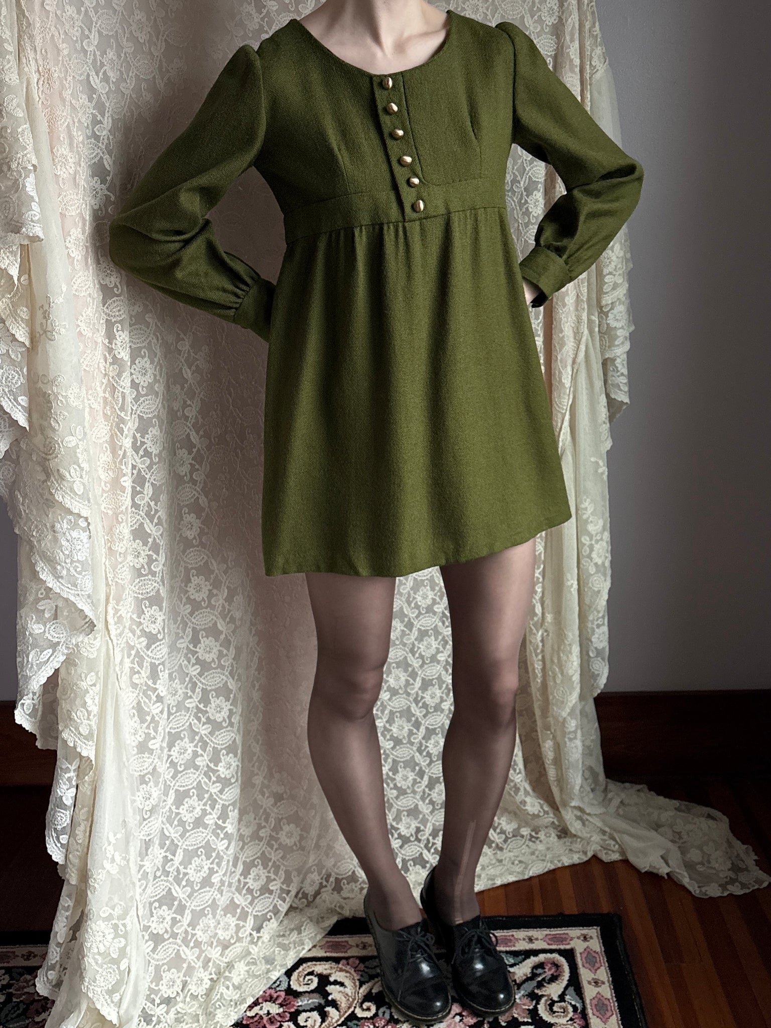 1970s Green Long Sleeve Gold Button Mini Dress