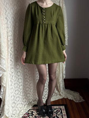 1970s Green Long Sleeve Gold Button Mini Dress