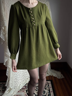 1970s Green Long Sleeve Gold Button Mini Dress