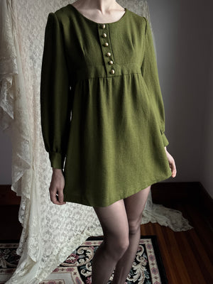 1970s Green Long Sleeve Gold Button Mini Dress