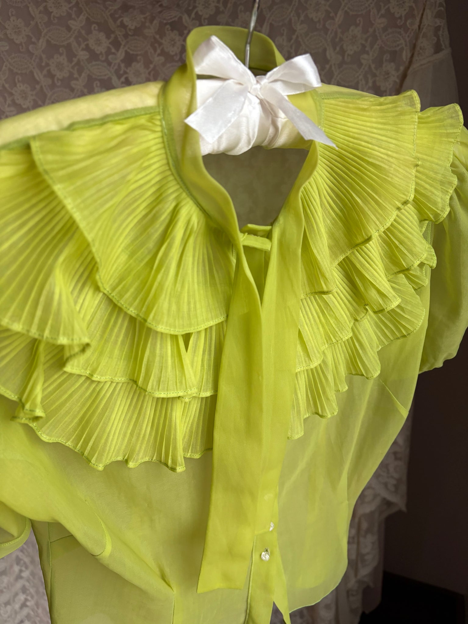 1950s Sheer Chartreuse Nylon Blouse Button Up Puff Sleeve Sheer Bow