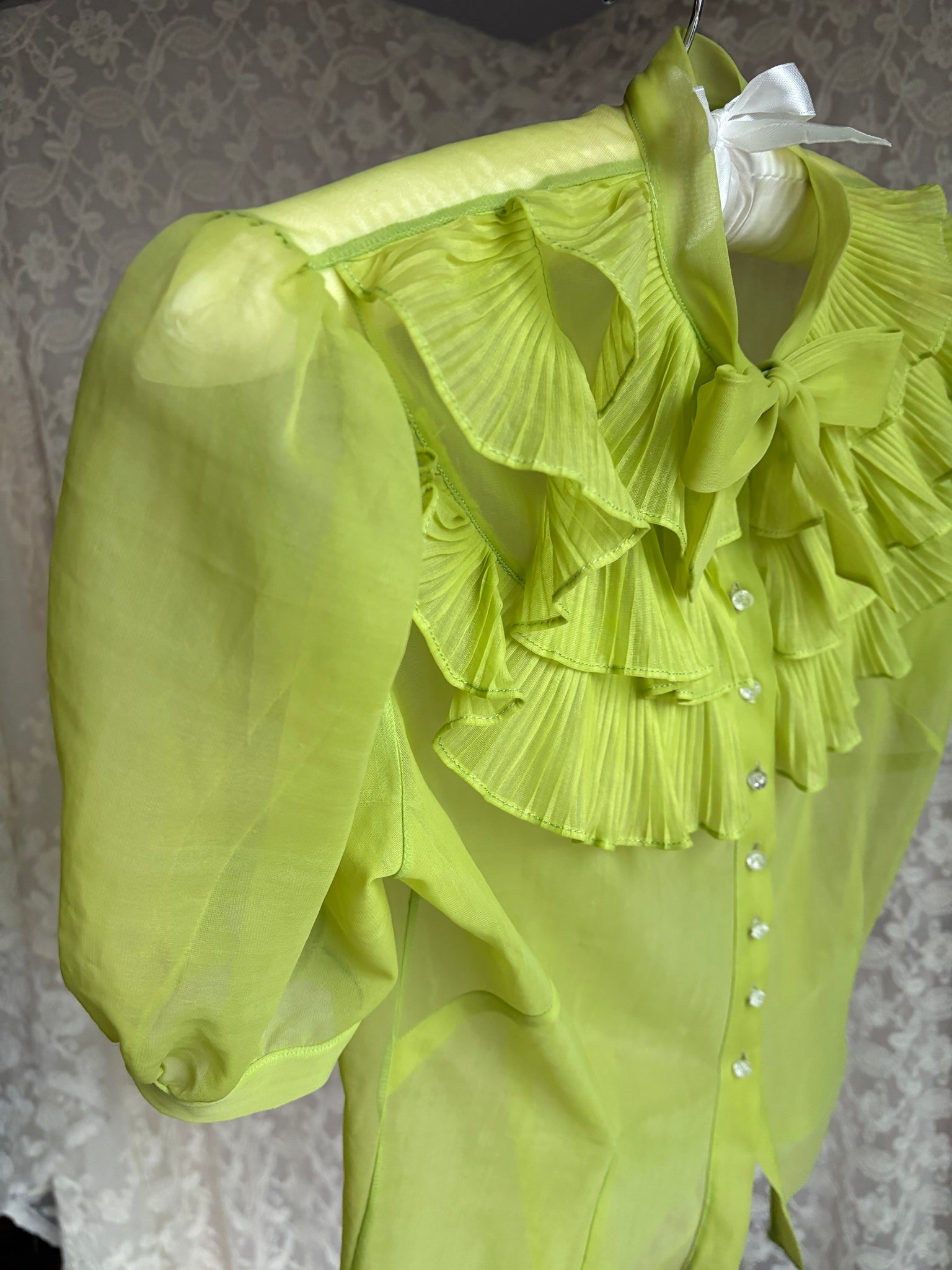 1950s Sheer Chartreuse Nylon Blouse Button Up Puff Sleeve Sheer Bow