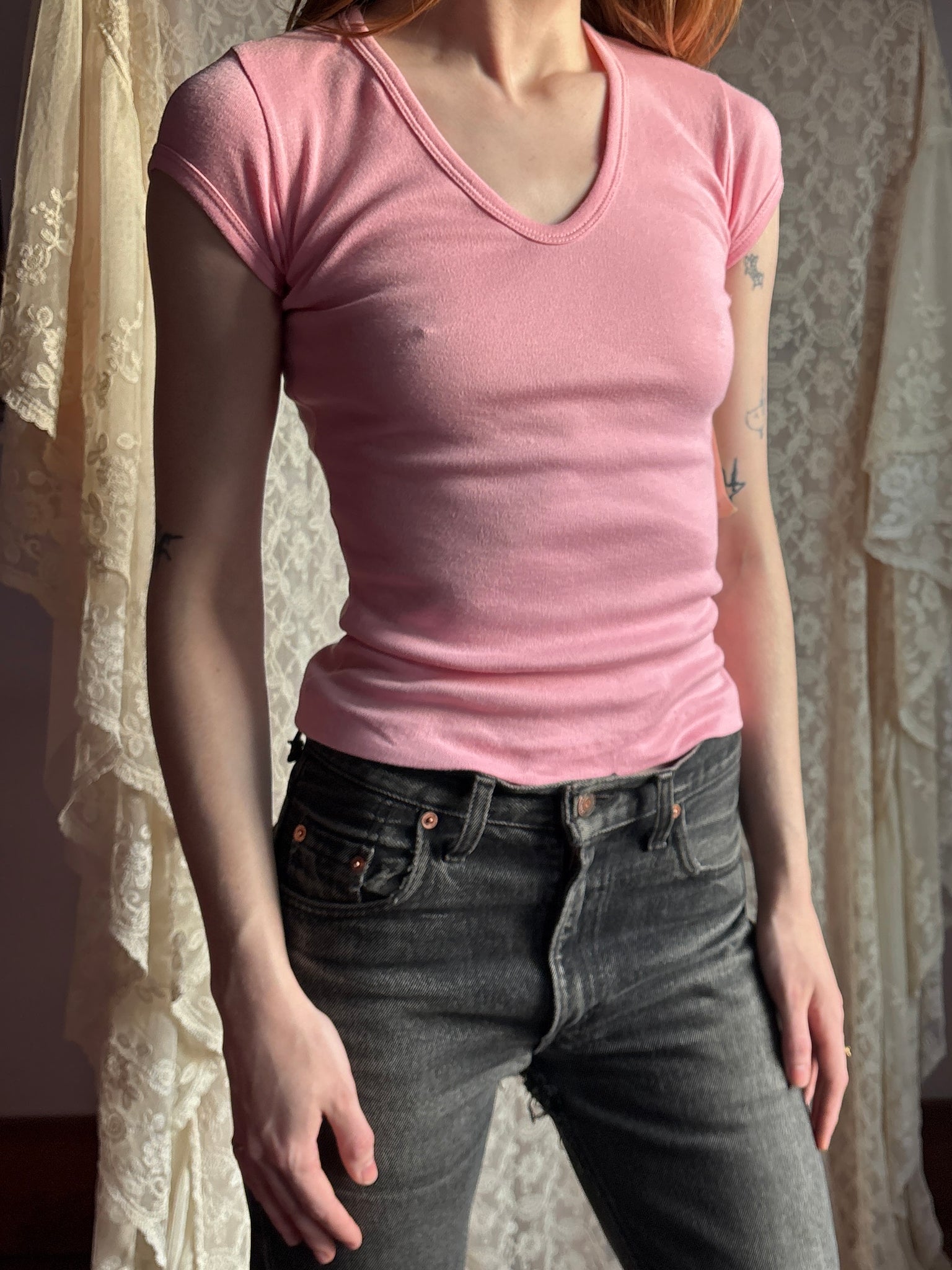 1970s Deadstock Pink French Cut Tee T Shirt