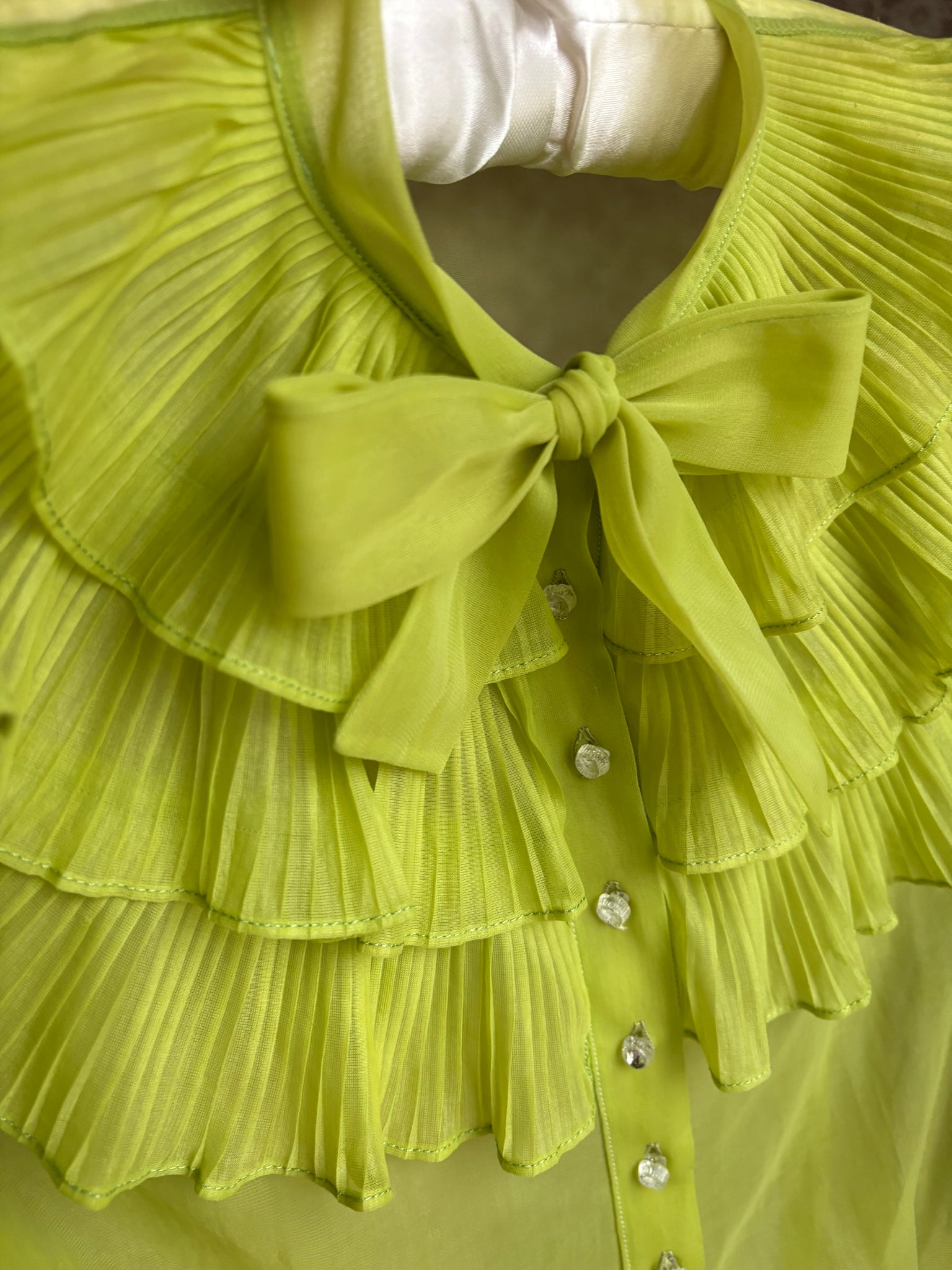 1950s Sheer Chartreuse Nylon Blouse Button Up Puff Sleeve Sheer Bow