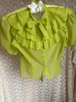 1950s Sheer Chartreuse Nylon Blouse Button Up Puff Sleeve Sheer Bow