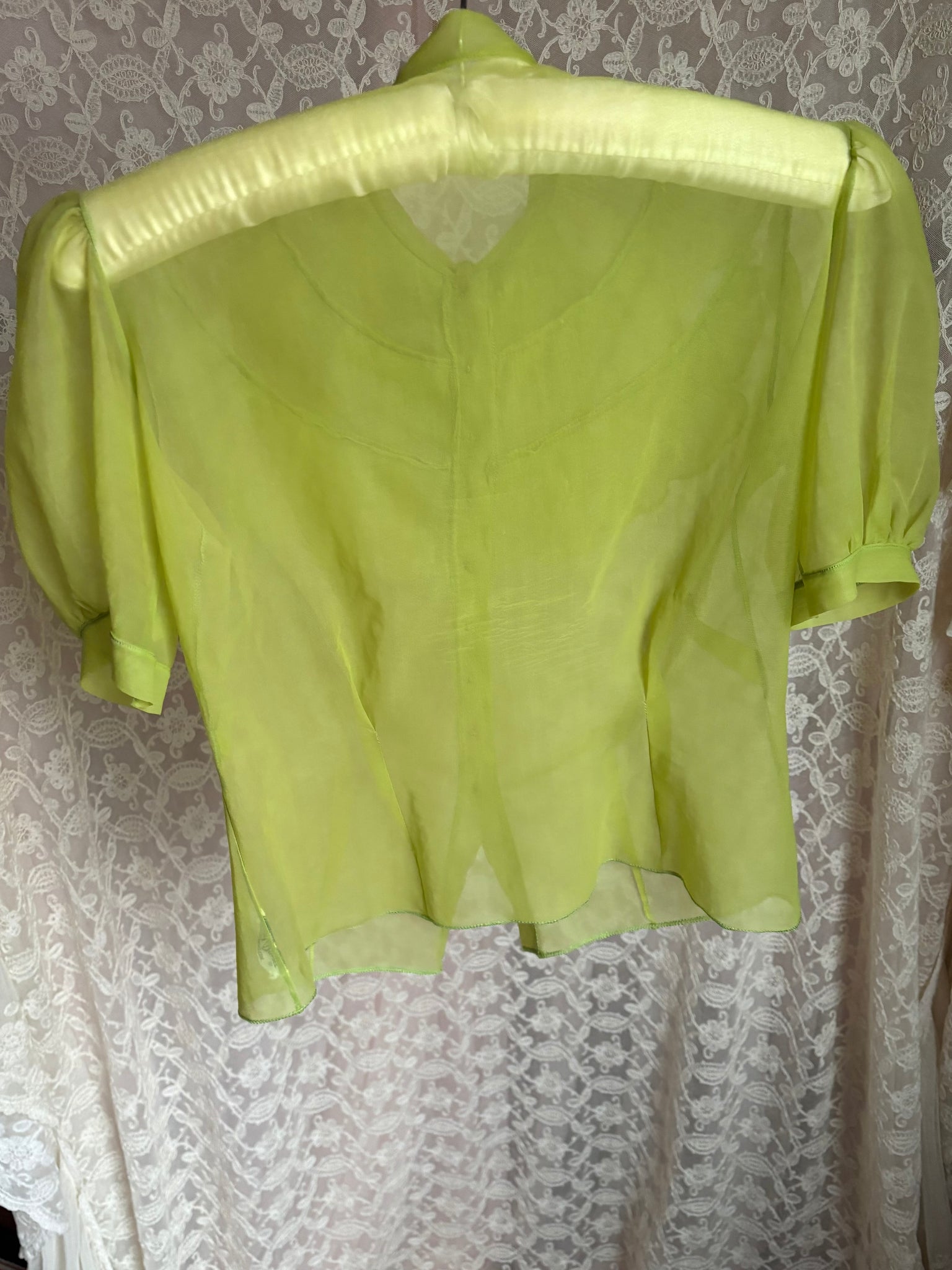 1950s Sheer Chartreuse Nylon Blouse Button Up Puff Sleeve Sheer Bow