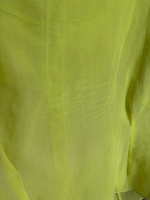 1950s Sheer Chartreuse Nylon Blouse Button Up Puff Sleeve Sheer Bow