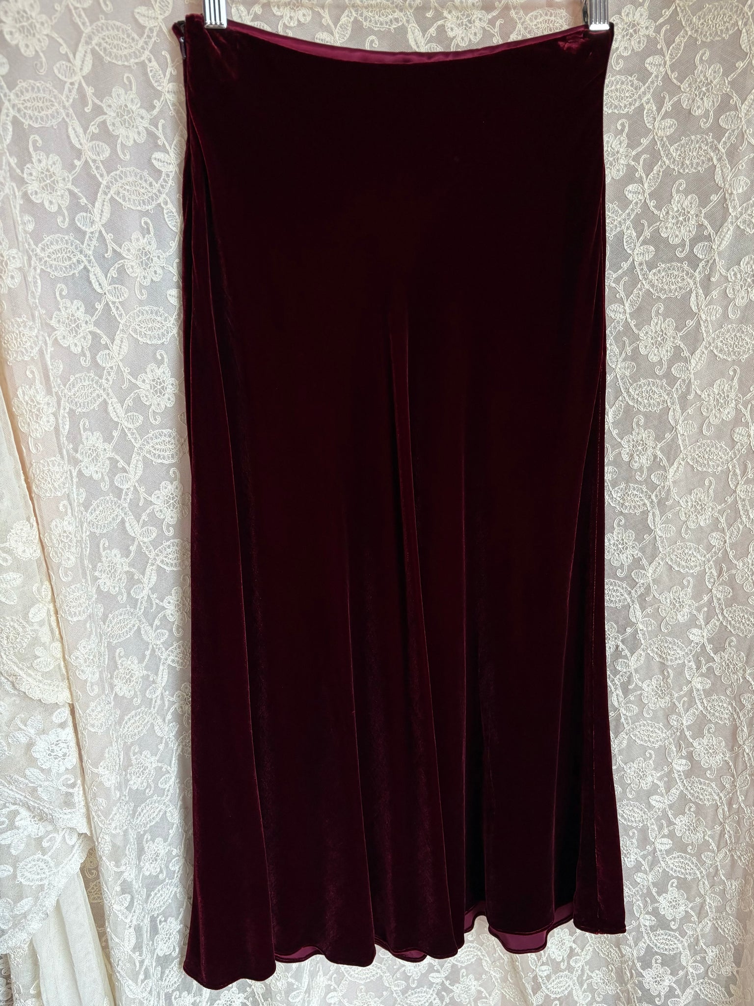 1990s Red Silk Rayon Velvet Ralph Lauren Midi Skirt