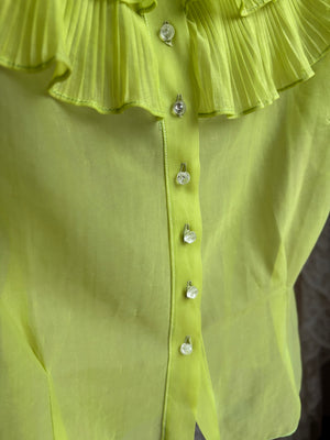 1950s Sheer Chartreuse Nylon Blouse Button Up Puff Sleeve Sheer Bow